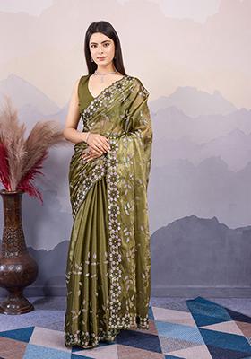 Green Sequin Embroidered Art Silk Saree Set