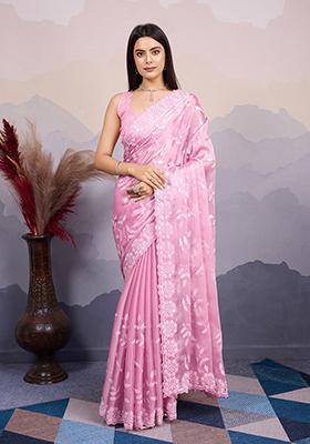 Pink Sequin Embroidered Art Silk Saree Set