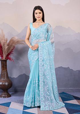 Sky Blue Sequin Embroidered Art Silk Saree Set