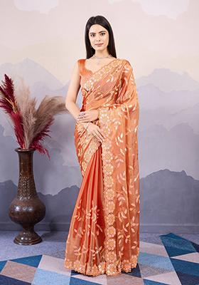 Orange Sequin Embroidered Art Silk Saree Set