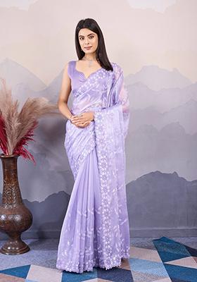 Lavender Sequin Embroidered Art Silk Saree Set