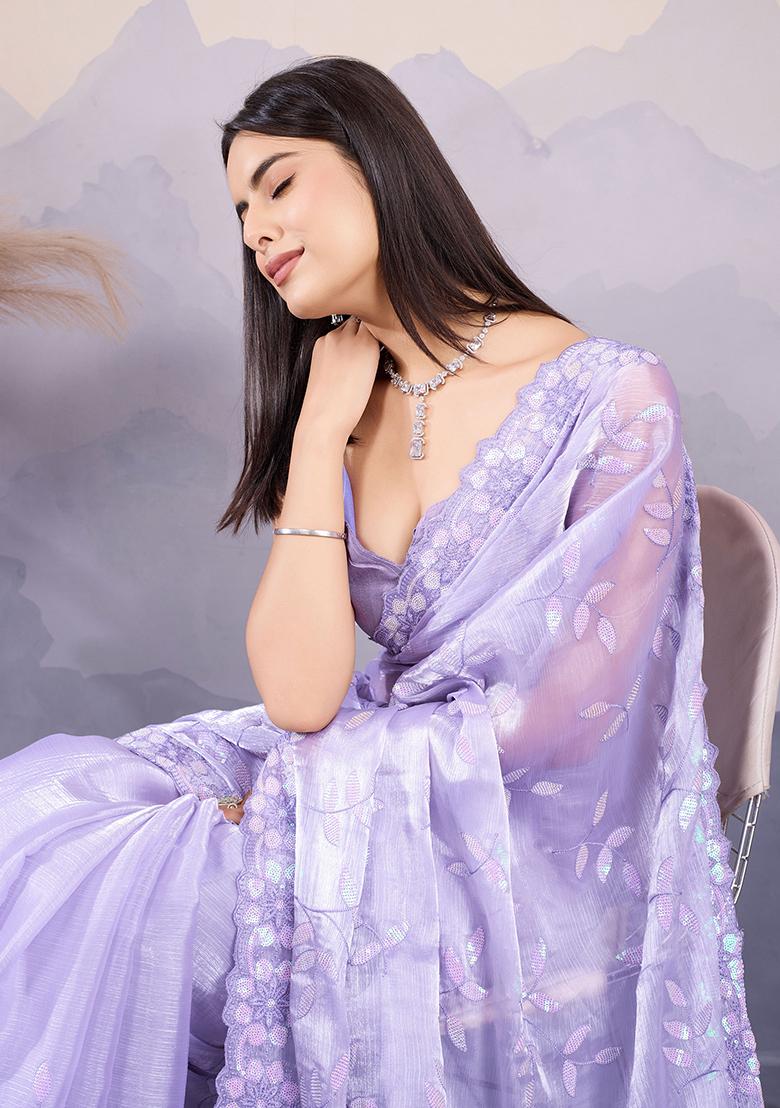 Lavender Sequin Embroidered Art Silk Saree Set - Indya