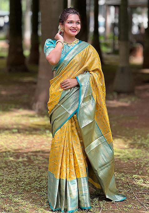 Yellow Zari Woven Silk Saree Set