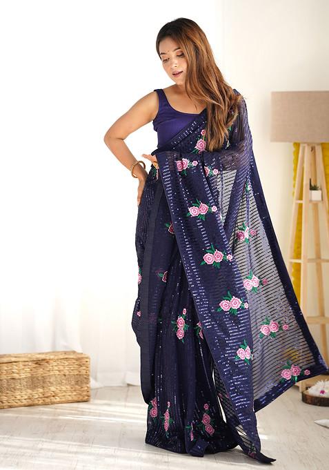 Blue Sequin Embroidered Art Silk Saree Set