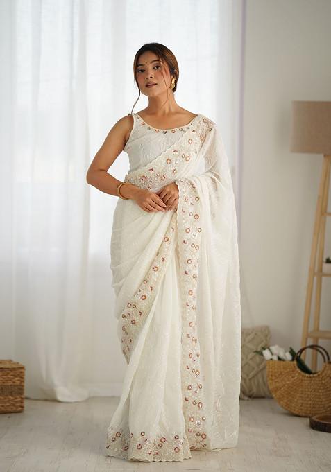 White Resham Embroidered Georgette Saree Set