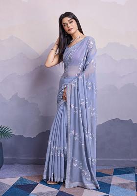 Blue Resham Embroidered Art Silk Saree Set