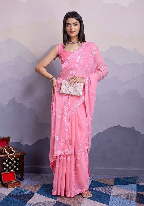 Pink Resham Embroidered Art Silk Saree Set