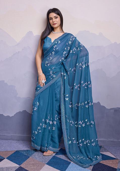 Cyan Resham Embroidered Art Silk Saree Set