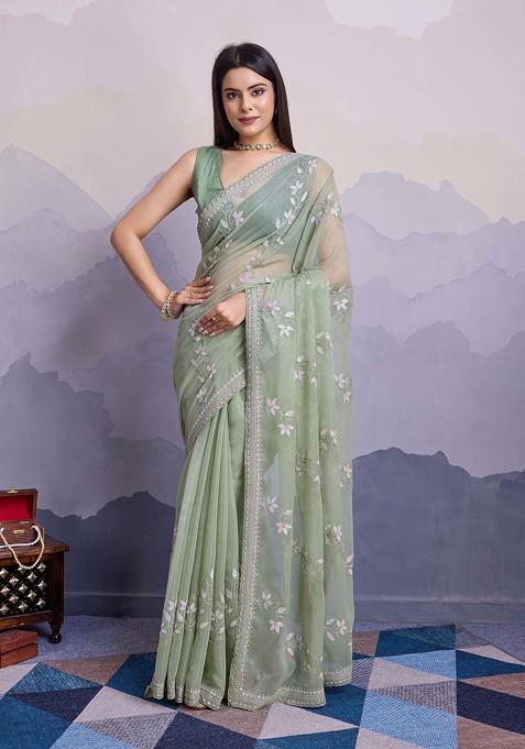 Green Resham Embroidered Art Silk Saree Set