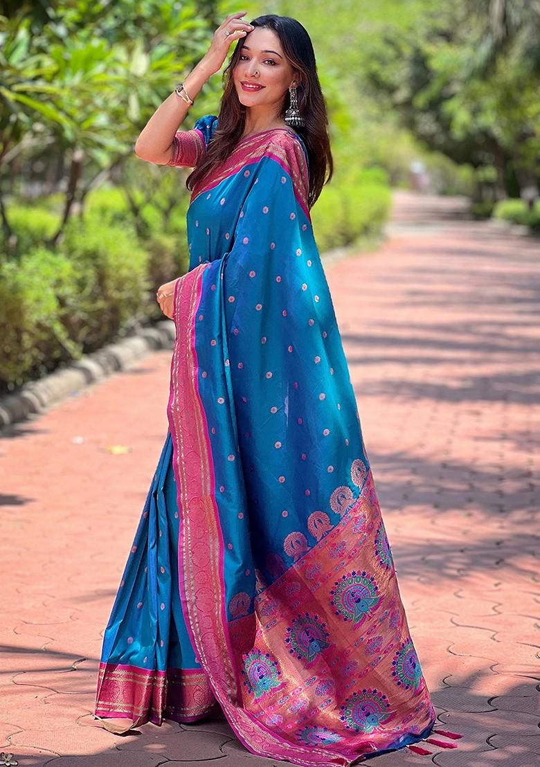 Blue Zari Woven Paithani Silk Saree Set - Indya