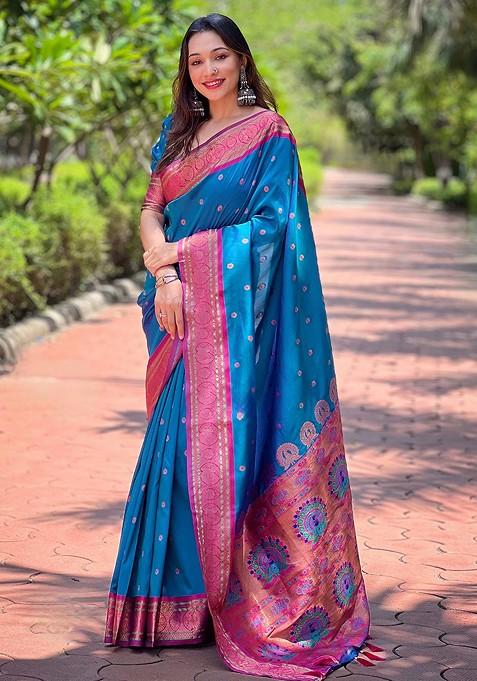 Blue Zari Woven Paithani Silk Saree Set