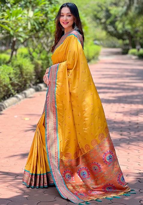 Yellow Zari Woven Paithani Silk Saree Set