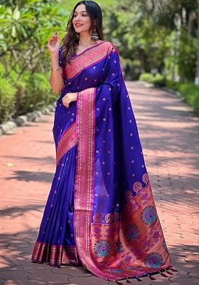 Royal Blue Zari Woven Paithani Silk Saree Set