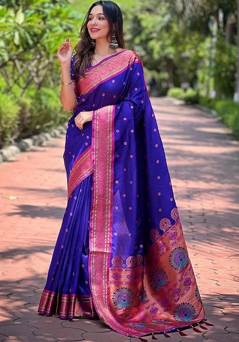 Royal Blue Zari Woven Paithani Silk Saree Set