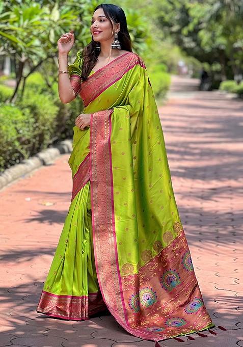 Green Zari Woven Paithani Silk Saree Set