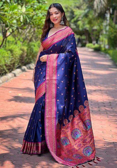 Navy Blue Zari Woven Paithani Silk Saree Set