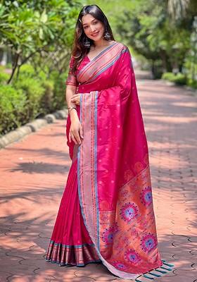Pink Zari Woven Paithani Silk Saree Set