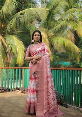 Pink Abstract Print Silk Saree Set