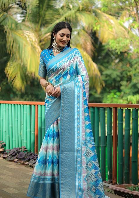 Blue Abstract Print Silk Saree Set