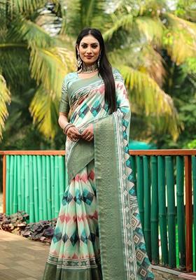 Green Abstract Print Silk Saree Set