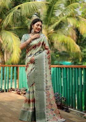 Grey Abstract Print Silk Saree Set