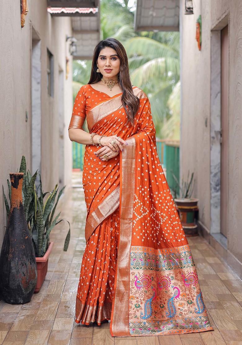 Buy Women Orange Bandhej Print Silk Saree Set - XSR12280