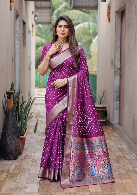 Purple Bandhej Print Silk Saree Set