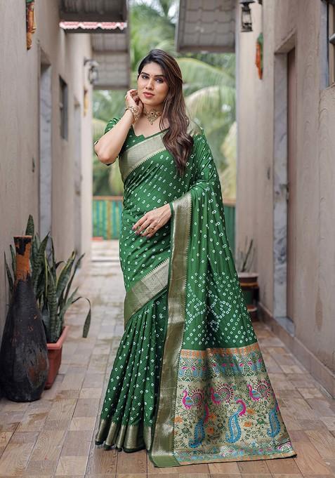 Green Bandhej Print Silk Saree Set