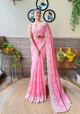 Pink Resham Embroidered Shimmer Saree Set