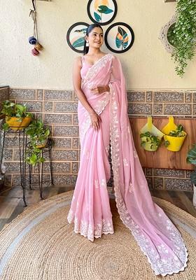 Cyan Resham Embroidered Shimmer Saree Set