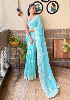 Sky Blue Resham Embroidered Shimmer Saree Set