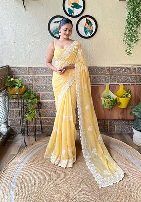 Yellow Resham Embroidered Shimmer Saree Set