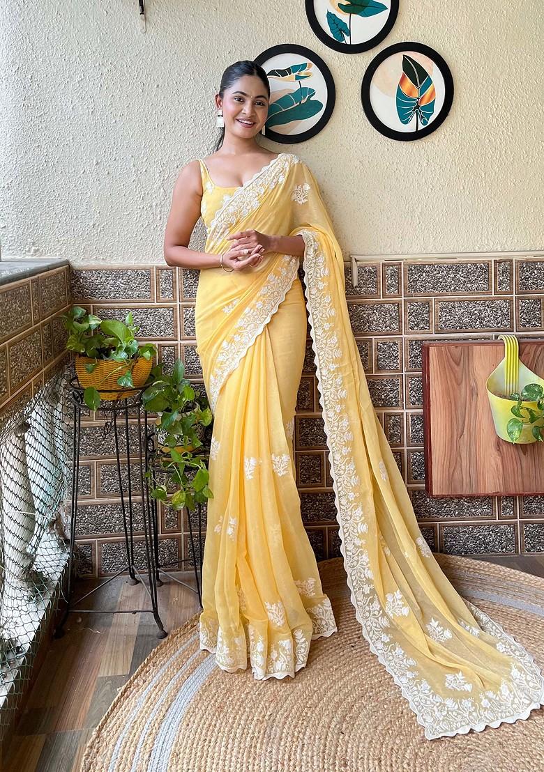 Yellow Resham Embroidered Shimmer Saree Set