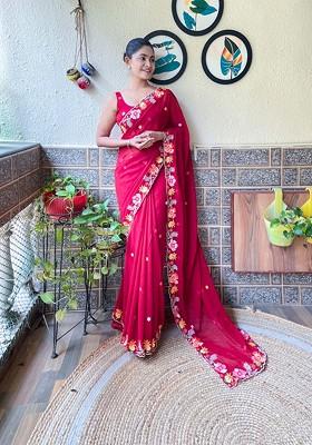 Maroon Resham Embroidered Georgette Saree Set