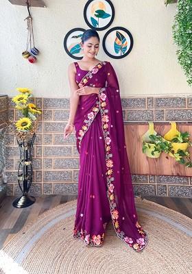 Wine Resham Embroidered Georgette Saree Set