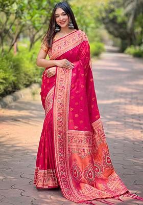 Pink Zari Woven Paithani Silk Saree Set