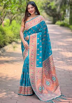 Blue Zari Woven Paithani Silk Saree Set