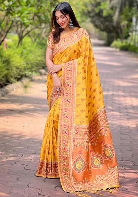 Yellow Zari Woven Paithani Silk Saree Set
