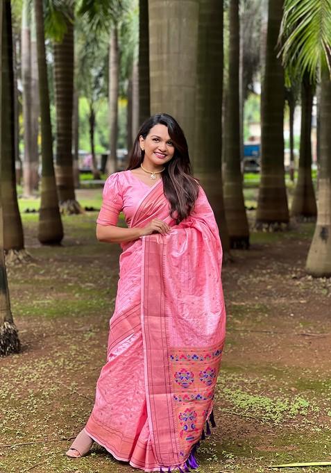 Pink Zari Woven Silk Saree Set