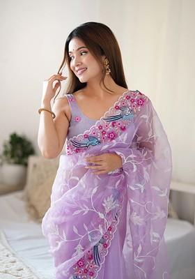 Lavender Sequin Embroidered Art Silk Saree Set