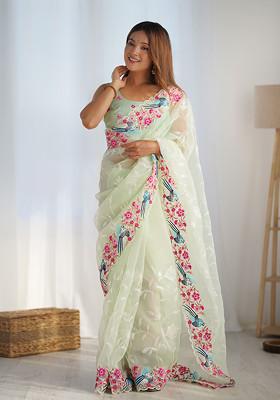 Green Sequin Embroidered Art Silk Saree Set