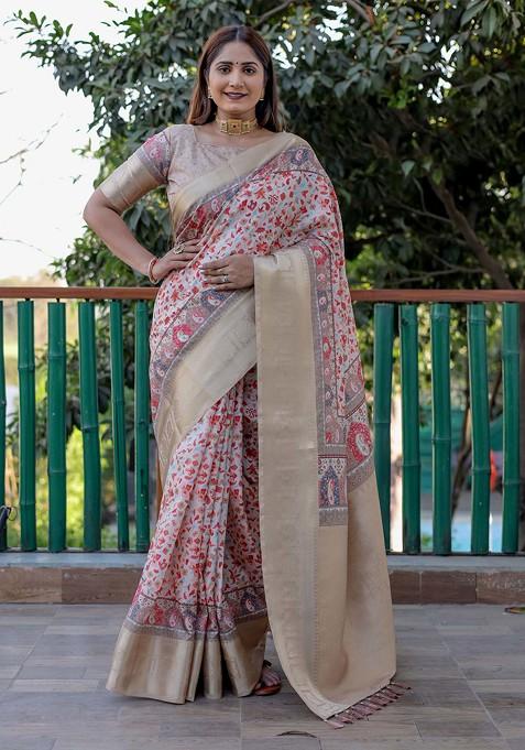 Beige Abstract Print Pashmina Saree Set