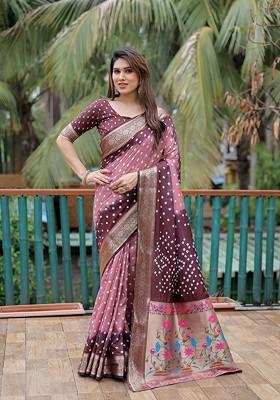 Brown Abstract Print Silk Saree Set