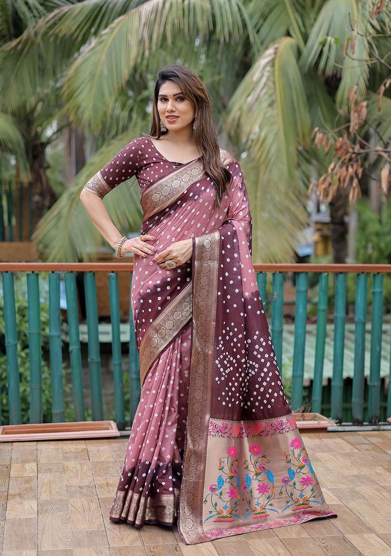 Brown Abstract Print Silk Saree Set - Indya