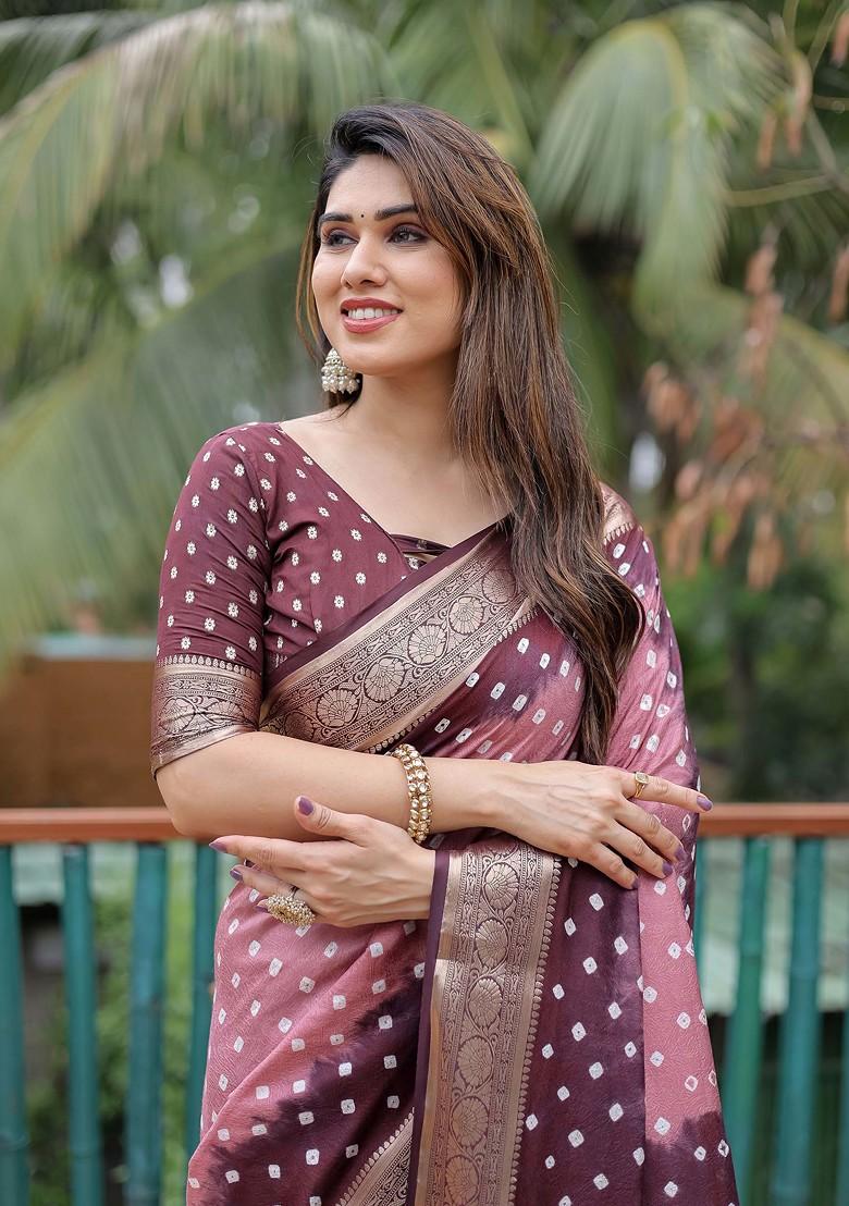 Brown Abstract Print Silk Saree Set - Indya