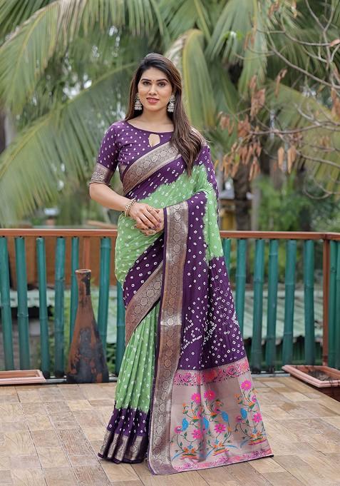 Purple Abstract Print Silk Saree Set