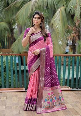 Magenta Abstract Print Silk Saree Set