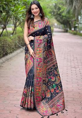 Black Resham Woven Pashmina Saree Set