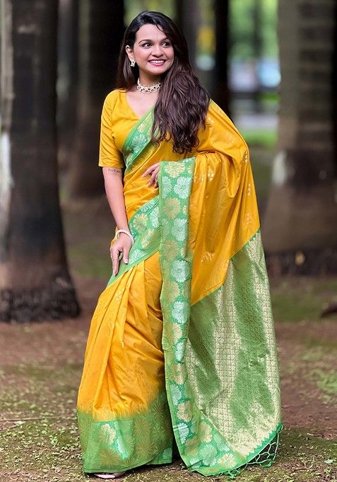 Yellow Zari Woven Silk Saree Set