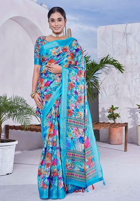 Blue Abstract Print Linen Saree Set